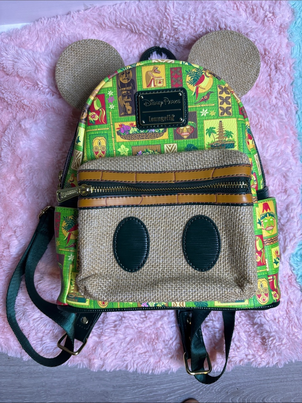 Loungefly Green Tiki Mickey Ear Kids Backpack with Jute Front